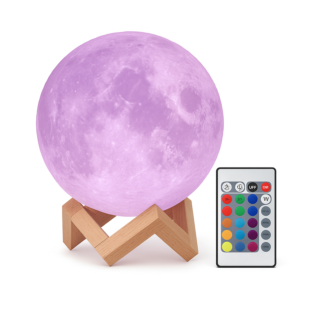 Galaxy moon lamp glowing purple with remote control on white background LED night light