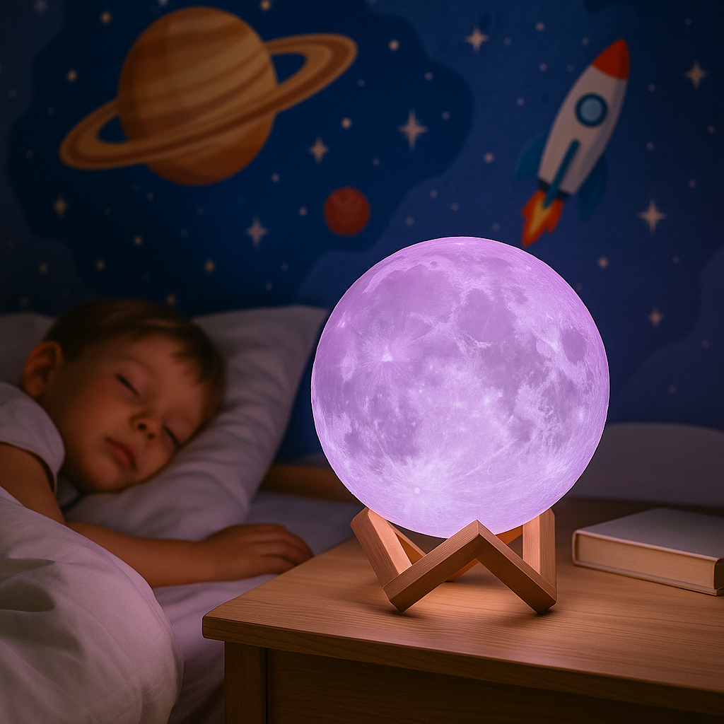 Galaxy moon lamp on stand glowing vibrant purple remote control rechargeable night light