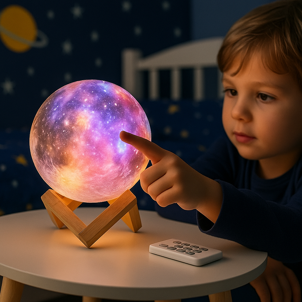 Child using galaxy moon lamp in bedroom cozy purple glow
