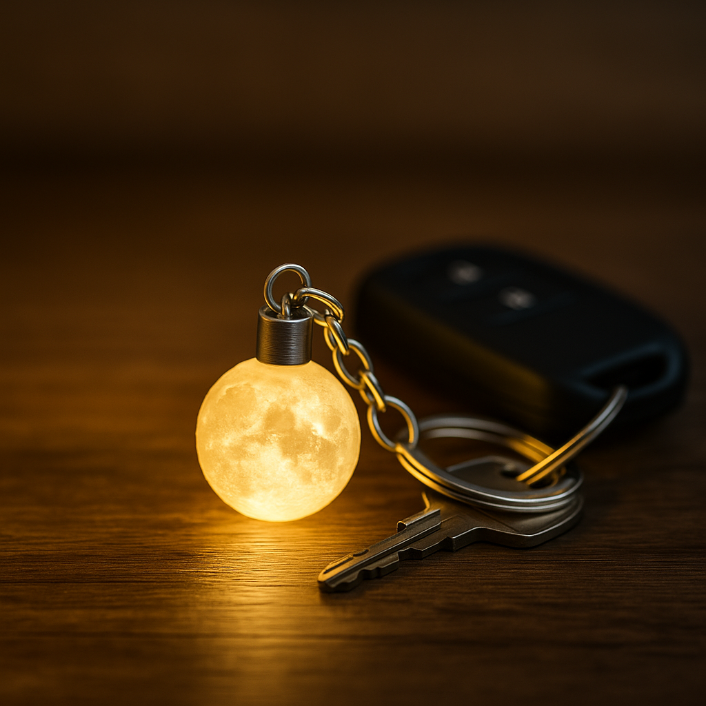 Mini moon lamp keychain glowing beside car keys on wooden surface warm ambient lighting gift idea